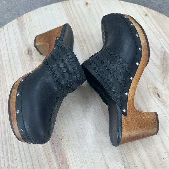 UGG Australia Black Leather Woven Whipstitch Wood Heel Studded Clogs Mules 8 - Picture 9 of 14